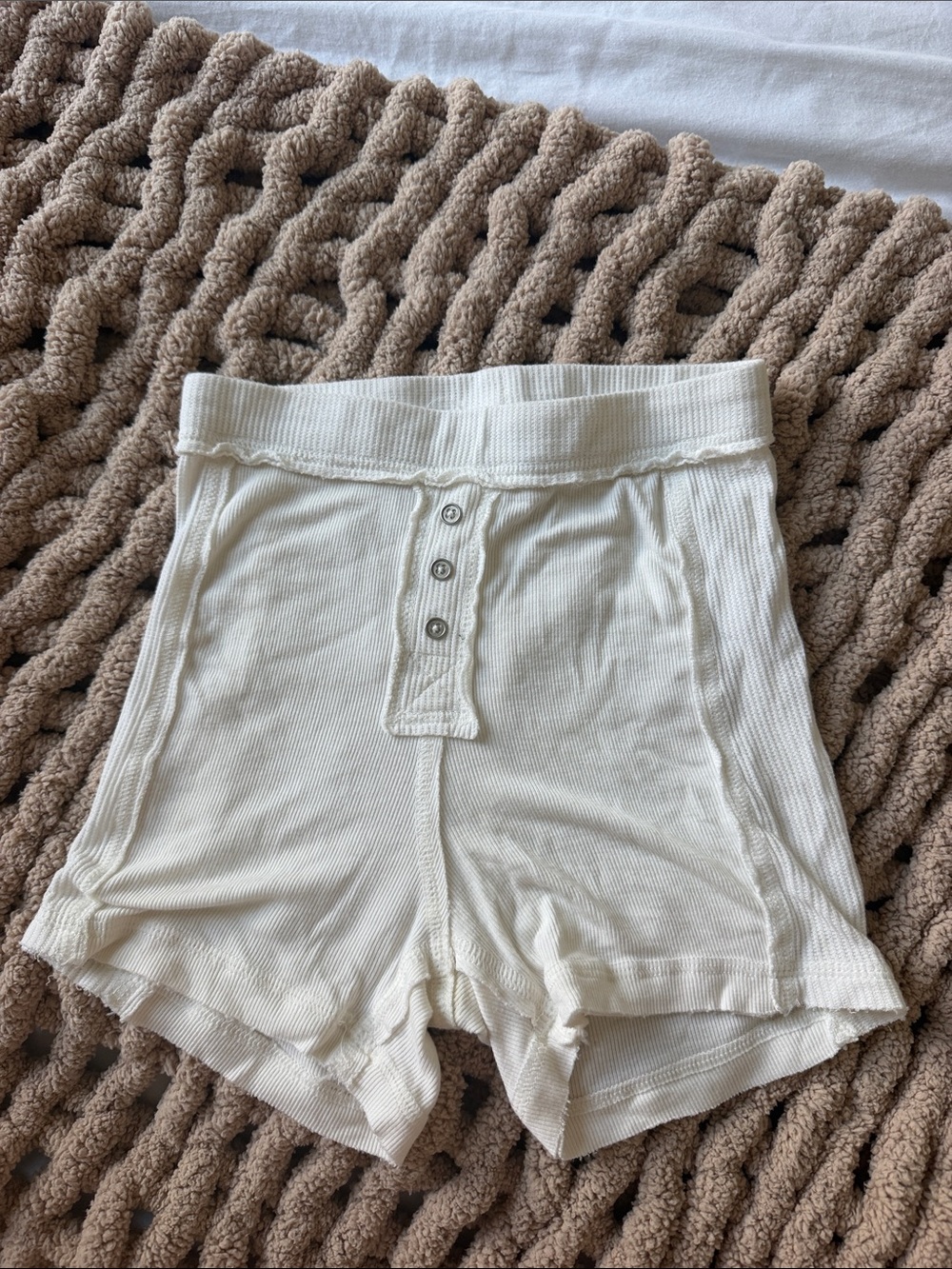 Urban Outfitters Cream Ribbed Button-Front High-Waist Shorts